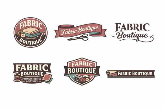 Fabric boutique logos set featuring sewing tools and materials for tailor shop or fashion business branding