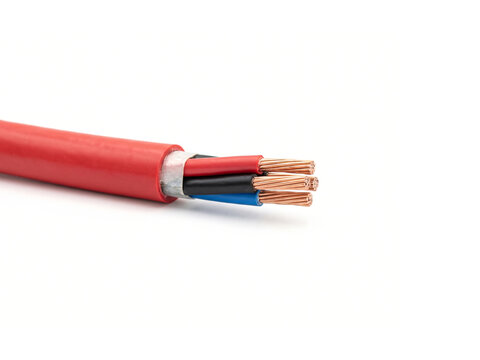 Multi core electrical cable with exposed copper wires isolated on white background.