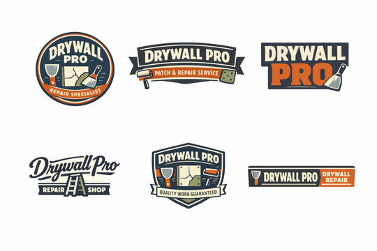 Drywall repair service logos set. Displaying tools like trowels and rollers, these badges signify professional home restoration