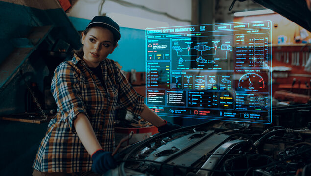 Female mechanic reviewing emissions system diagnostics beside open car hood. Concept of exhaust repair, eco compliance, sensor testing, catalytic service and smart automotive software.