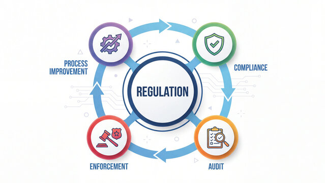 Regulatory cycle framework infographic connecting compliance audit enforcement and process improvement for institutional oversight quality control and legal adherence