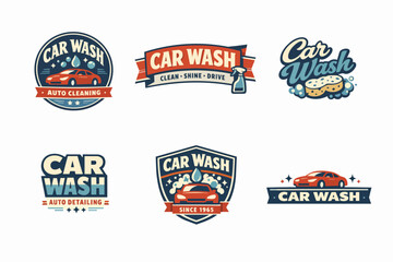 Naklejka premium Collection of car wash, auto cleaning, and detailing logos and emblems featuring retro vintage designs for automotive services