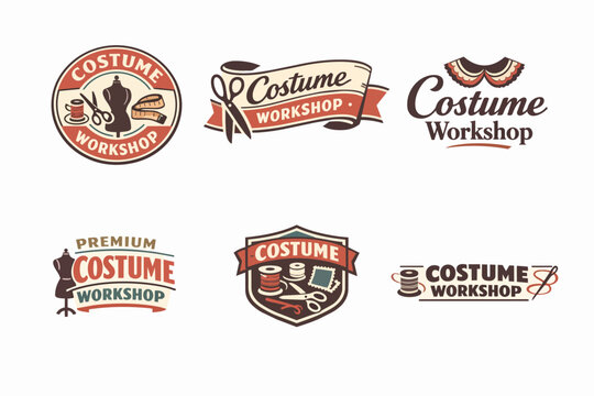 Costume workshop logos and emblems collection for tailoring, dressmaking, and creative production branding