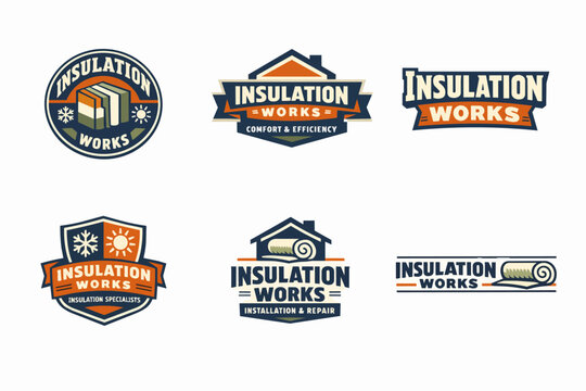 Collection of insulation company emblem designs, showing energy efficiency, home comfort, and repair services for buildings