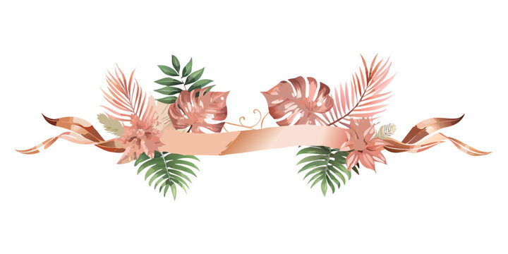 Elegant tropical floral banner with terracotta leaves, vector