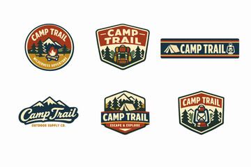 Naklejka premium Vector set of vintage outdoor adventure badges or logos for camping, hiking, and forest exploration activities
