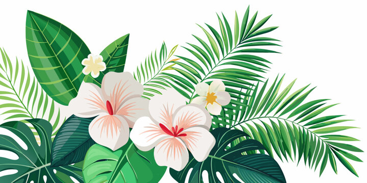 Tropical hibiscus flowers and green palm leaves, vector