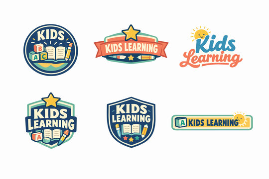 Kids learning badges set, children education and preschool emblem collection, school inspiration logos with books and pencils