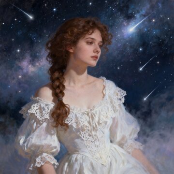 Victorian Lady Gazing at Starry Meteor Shower Night Sky