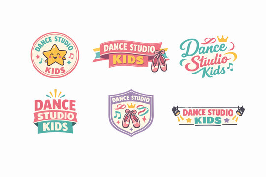 Collection of cute dance studio kids logos featuring ballet shoes, stars, crowns, and musical notes for children's classes