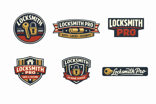Locksmith professional services logo collection featuring keys, locks, shields, and security emblems for business branding