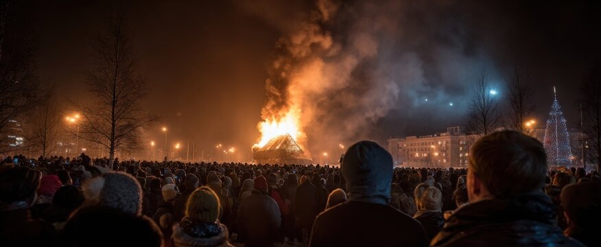 Crowds admire the fiery Maslenitsa burning straw effigy during vibrant winter festivities.