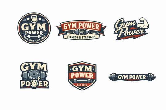 Collection of gym logo design concepts, featuring fitness power, bodybuilding, strength training, and workout emblems