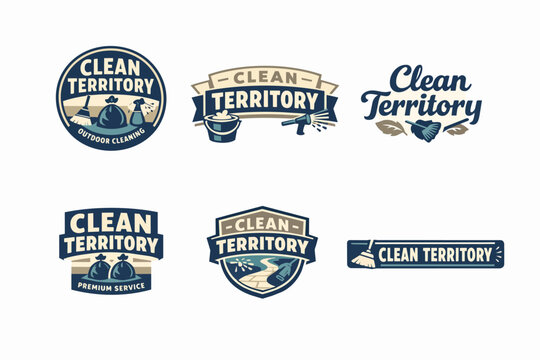 Set of clean territory service logos, featuring cleaning tools like brooms, buckets, and sprayers for outdoor sanitation and maintenance