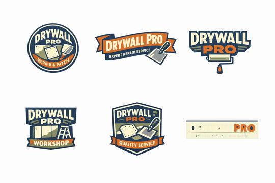 Drywall pro logo set with plastering tools for repair and installation services. Construction, renovation, and handyman branding
