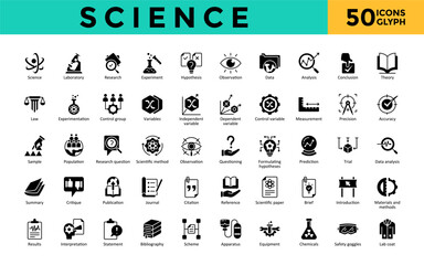 Fototapeta premium Science icons set with laboratory, research, experiment, hypothesis, observation, data, analysis, conclusion, experimentation icon. Simple glyph vector 