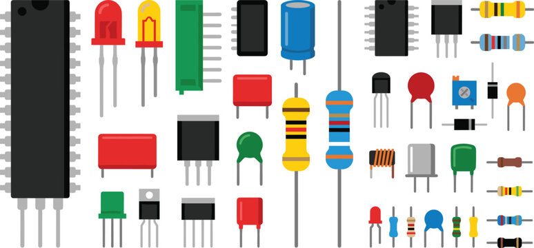 Electronic Components Collection with Resistors Capacitors Microchips LEDs and Transistors Isolated on White Background Vector Illustration for Engineering and Circuit Design