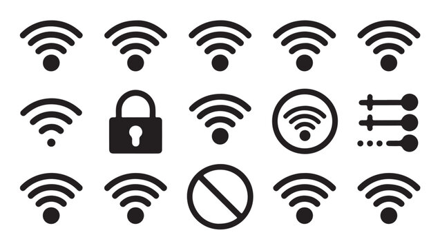 Wifi signal strength and security settings icon collection for user interface and dashboard.