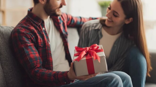 Man offers gift wrapped in red ribbon. Woman smiles, leaning close to him. They sit together on a cozy couch. Soft lighting enhances the intimate moment. Their expressions convey warmth and joy