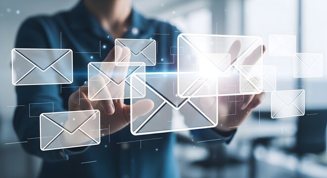 Email communication concept with person interacting with digital envelopes