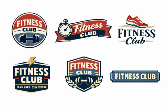 Collection of fitness club logos featuring retro designs, perfect for gyms, sports clubs, and workout branding