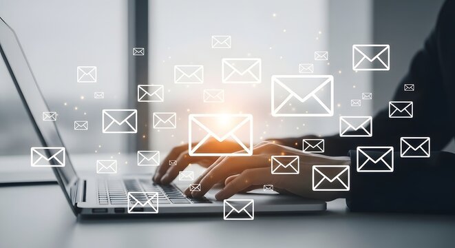 Digital email communication concept person typing on laptop with email icons