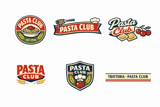 Pasta club logo collection in vintage style, presenting diverse designs for italian food restaurants and trattorias