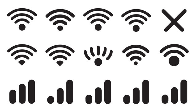 Graphic collection of wireless network status icons including signal levels and error X.