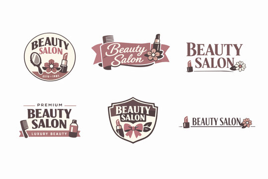 Collection of beauty salon logos and badges featuring lipstick, comb, mirror, and floral elements, ideal for branding