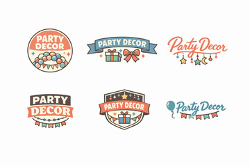 Naklejka premium Party decor logo collection featuring balloons, gifts, ribbons, garlands and festive elements, celebrating events