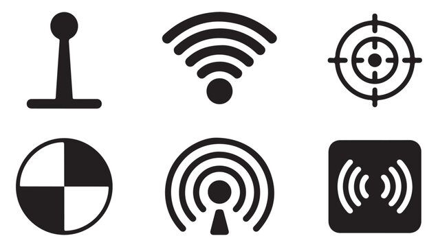 Antenna and radar signal icons set for communication technology interface design projects.