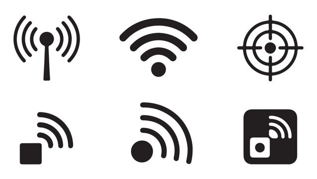 Wireless antenna target and signal strength icons with wifi devices set three.