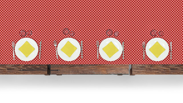 Top View of Table Setting with Plates and Cutlery on Red Checkered Tablecloth Isolated on Transparent Background