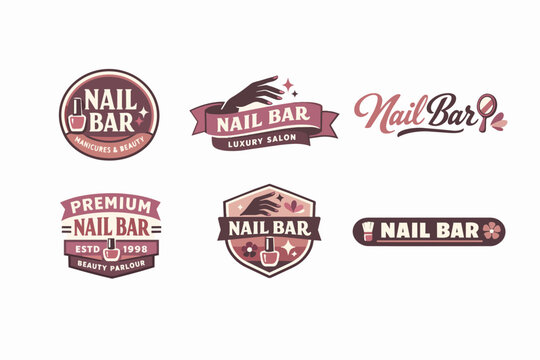 Nail bar logos featuring polish bottle, hand, and brush icons on badges and ribbons for beauty and cosmetic businesses