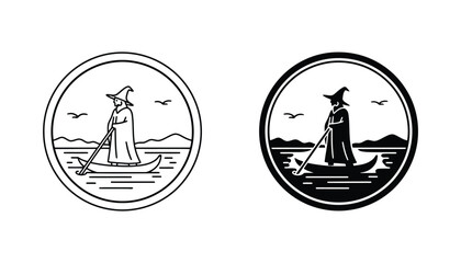 Wizard rowing boat on water icon set in circular frame with outline and solid black styles for fantasy mythology and adventure concept branding isolated on white background for creative design usage © Abstract