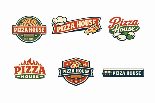Pizza restaurant logos showcasing various designs with pizza slices, chef hats, rolling pins, fire, and fresh ingredients
