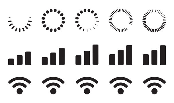 Wifi signal strength bars and loading indicators on white background.