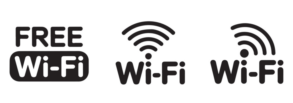 Free wifi hotspot availability sign set with wireless signals and bold typography graphics.