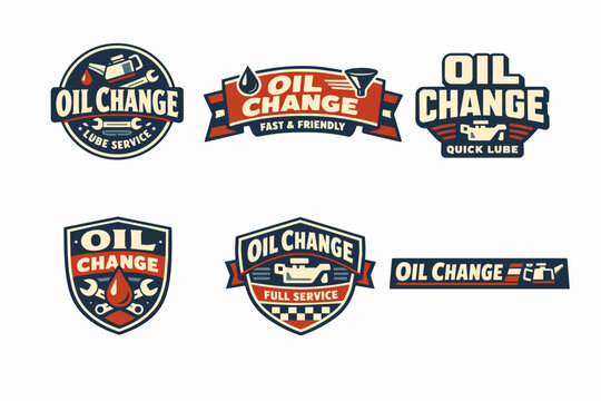 Various oil change service logos in a vintage style, showing emblems with oil drops, mechanic tools, and engined symbols