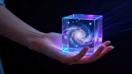 Fototapeta premium Hand holding cube with galaxy inside