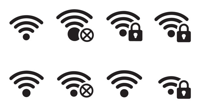 Wifi connection icons with security and no access symbols wireless internet access locked.