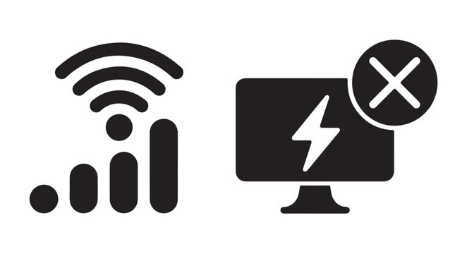 Wifi signal strength computer with lightning bolt and error symbol technology.