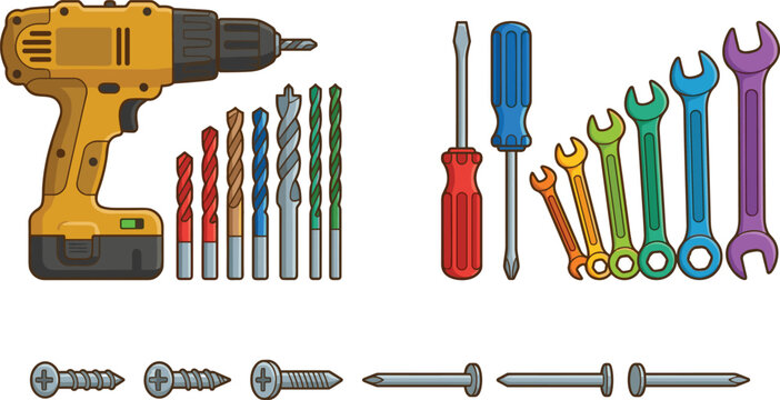 Colorful Tools Set Featuring Drill, Screwdrivers, Wrenches, and Drill Bits for DIY, Construction, and Home Improvement Designs