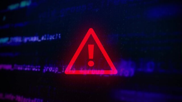Red warning message on source code bg, alert sign, exclamation mark inside a triangle on black bg. Alert notice, problem, danger, fail on emergency, alert notice, computer hacking error