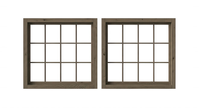 Two square wooden window frames with nine-pane grids isolated on a solid black background, architectural window