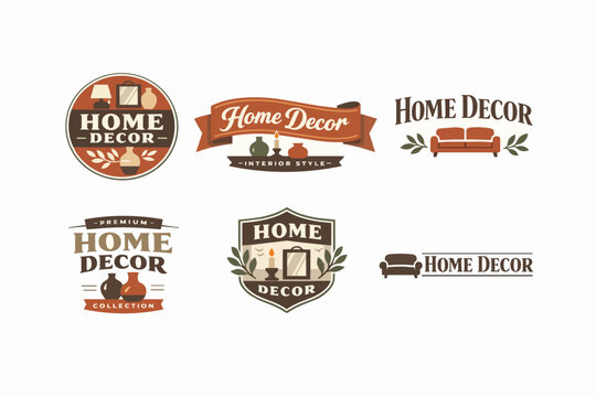 Home decor branding logos collection with vintage badges identifying interior design products and furniture
