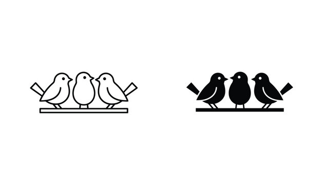 Three small birds sitting on a wire or branch icon in outline and solid black style for nature and wildlife graphic design projects isolated on a clean white background for versatile creative use