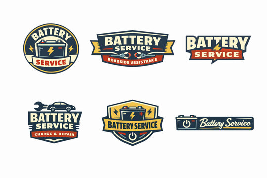 Automotive battery service and repair emblems featuring car batteries, wrenches, jump starter cables, and a car