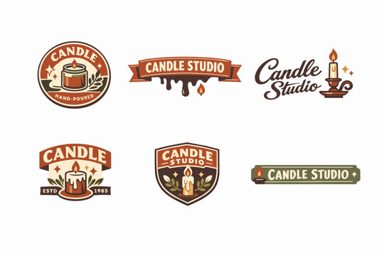 Candle studio logos and badges collection offering emblem design for handmade products, artisanal crafts, and vintage branding
