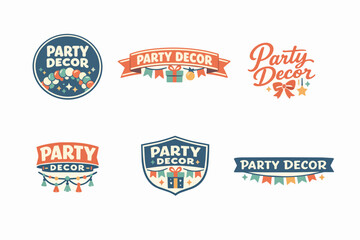 Obraz premium Party decor logo set with festive elements, celebrating events with balloons, gifts, ribbons, and buntings in flat design